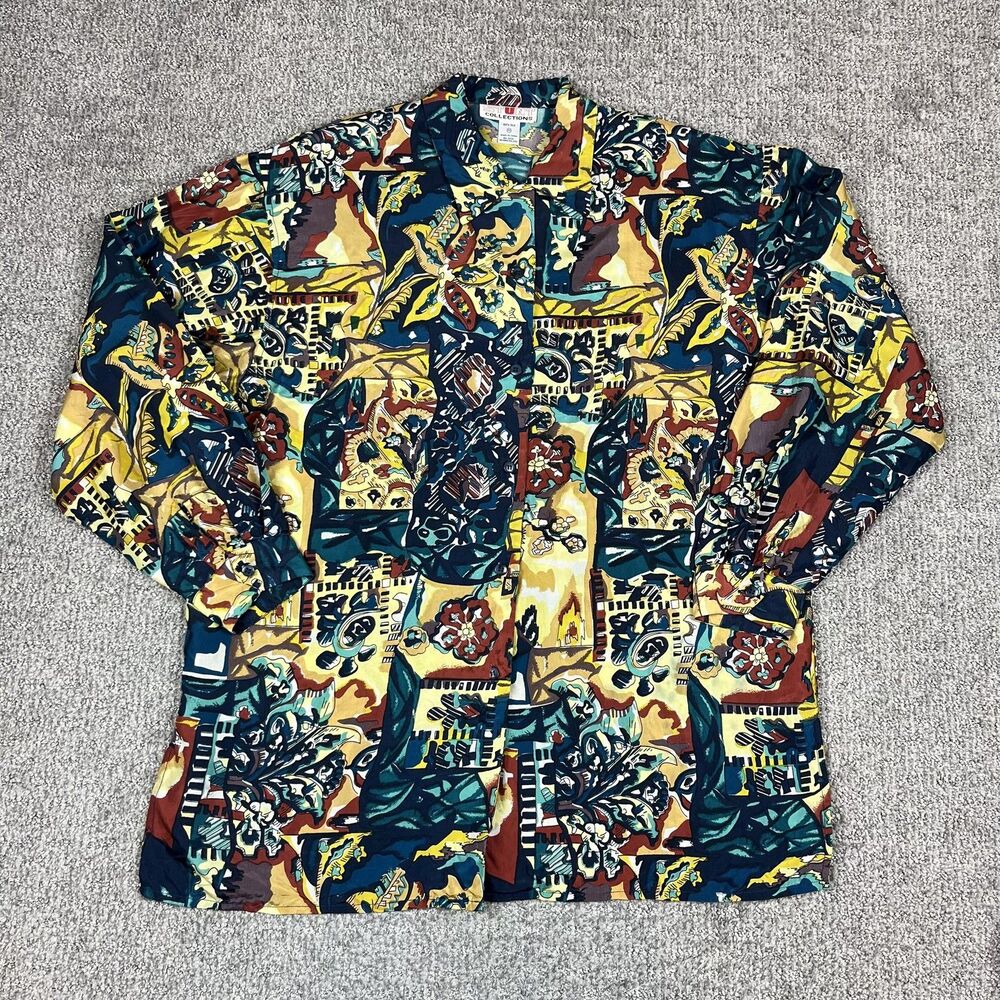 Vintage Stunt Collections Shirt Womens Medium Multicolor Silk Abstract Art 80s